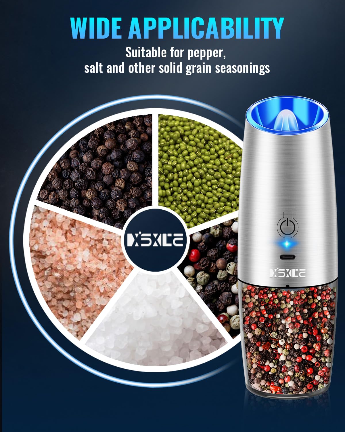 Gravity Electric Pepper and Salt Grinder Set, Salt and Pepper Mill & Adjustable Coarseness, Battery Powered with LED Light, One Hand Automatic Operation, Stainless Steel (Set/Silver)