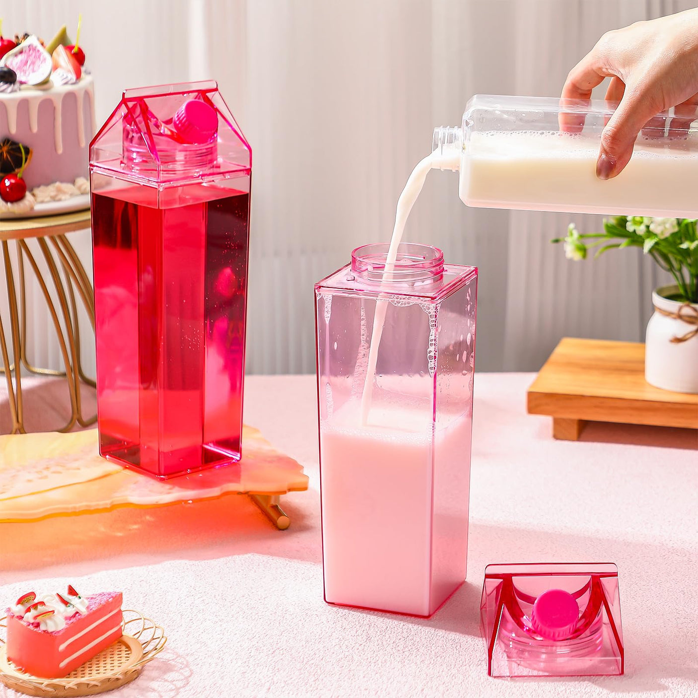 Remerry 3 Pcs Milk Carton Water Bottle Square Plastic Coffee Portable Reusable Milk Carton Cup Leakproof Juice Bottle