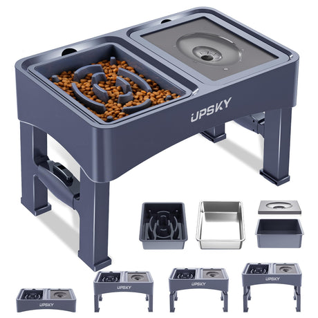 UPSKY 2-in-1 Elevated Dog Bowls Slow Feeder, 4 Height Adjustable Raised Bowls Stand, No Spill Dog Water Bowls, Anti-Slip Food and Water Bowl for Small Medium Dogs(Not Include Stainless Steel Bowl)