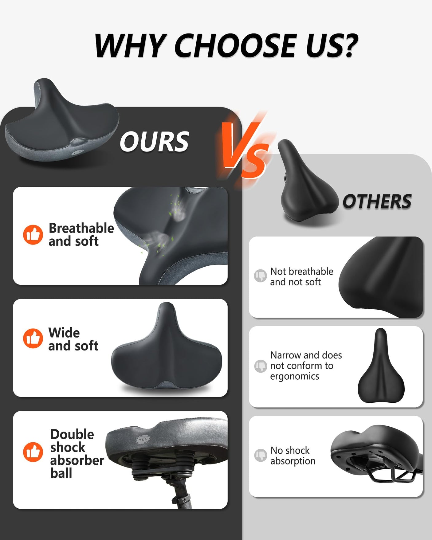 YLG Oversized Comfort Bike Seat Comfortable Replacement Bike Saddle Memory Foam Soft Bike Saddle Waterproof Universal Fit Bicycle Seat for Women Men