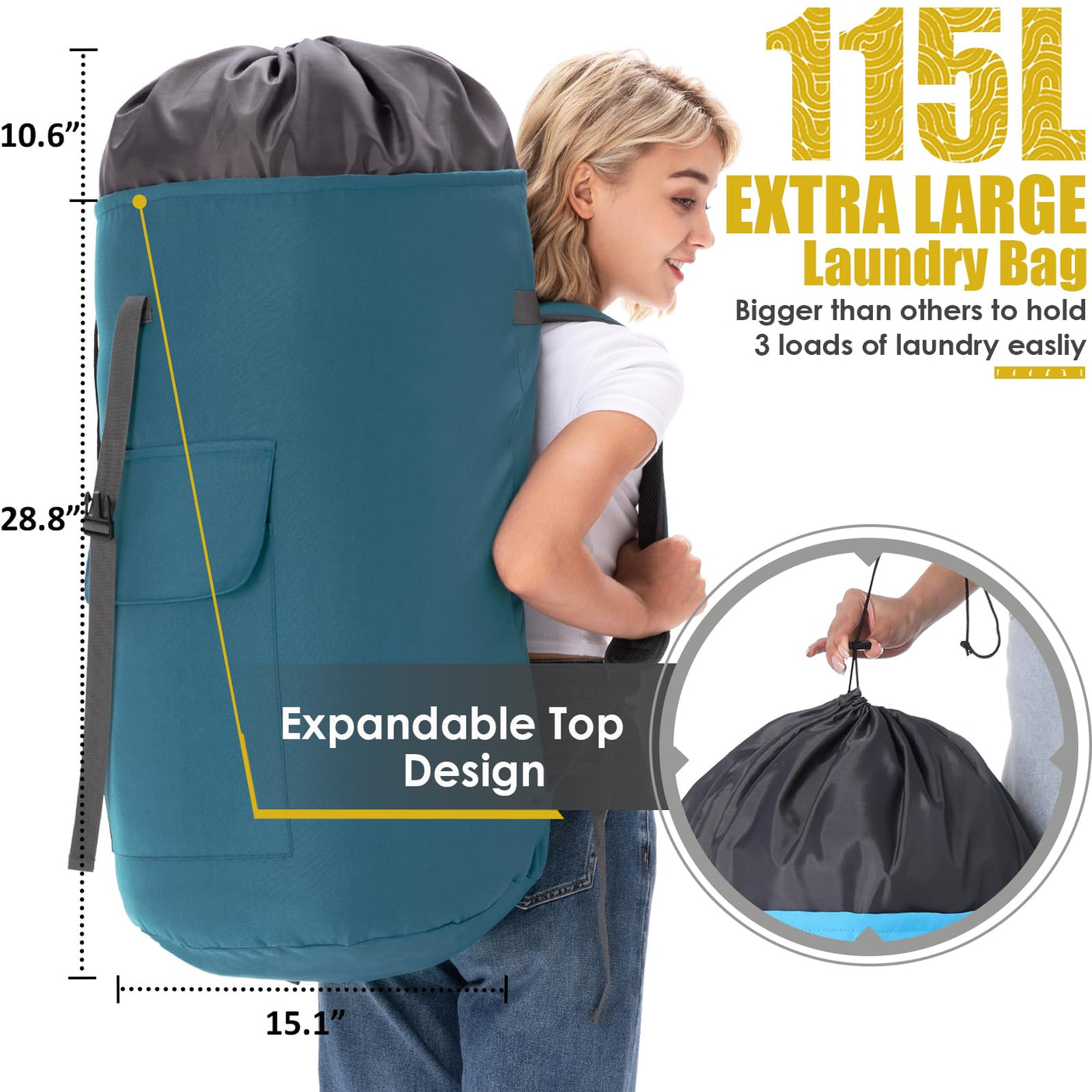 Laundry Bag Backpack Extra Large, 115L Laundry Backpack with Padded Shoulder Strap, Sturdy Travel Laundry Bags, Hanging Laundry Bag for College Dorm, Apartment, Clothes Hamper Bag for Laundromat
