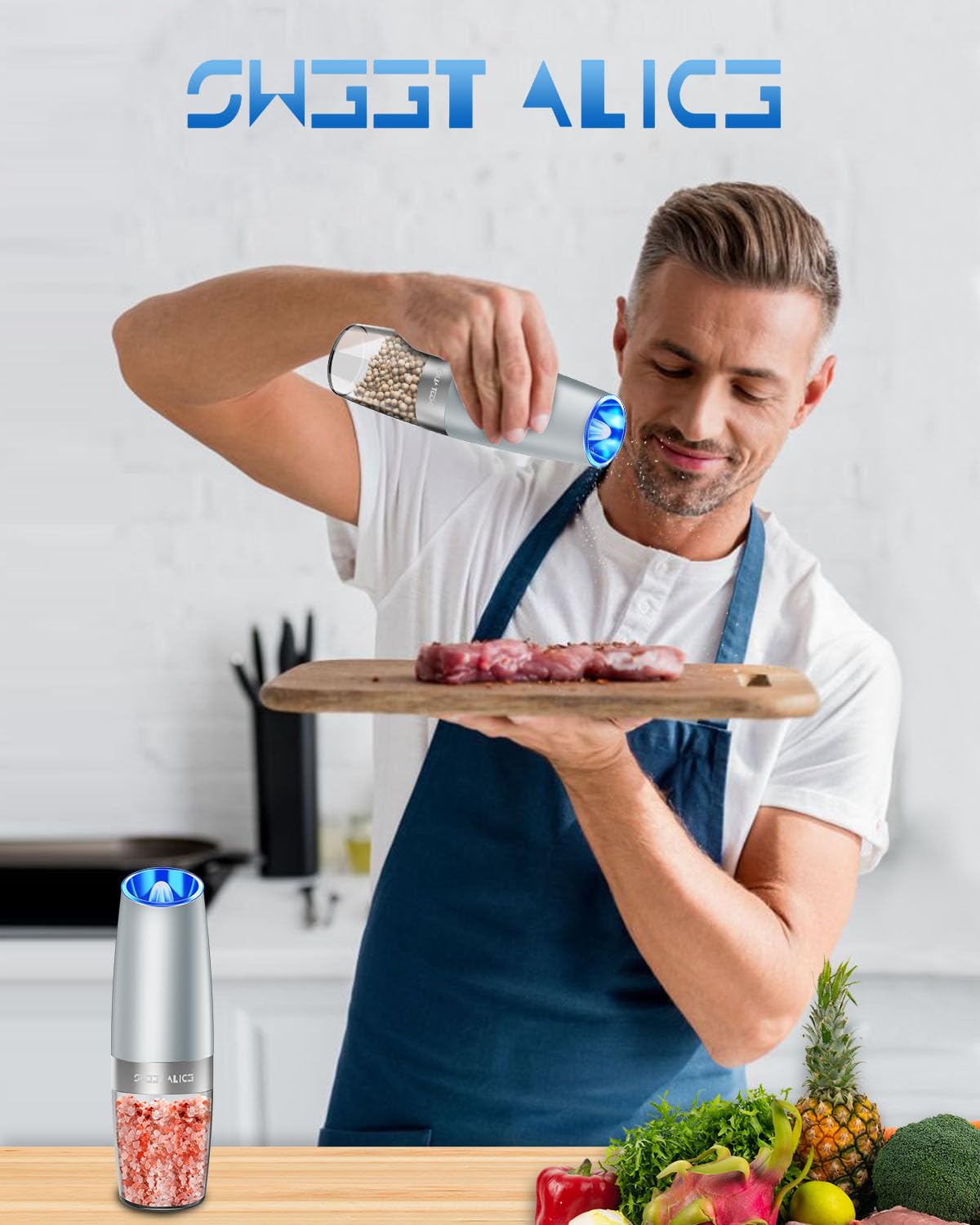 Gravity Electric Pepper and Salt Grinder Set, Salt and Pepper Mill & Adjustable Coarseness, Battery Powered with LED Light, One Hand Automatic Operation, Stainless Steel (Set/Silver)