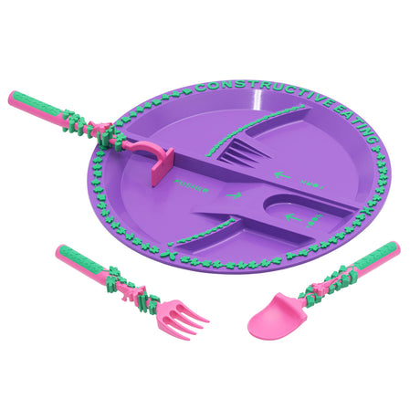 Constructive Eating Plate and Utensils Set - USA-Made Toddler Dinnerware with Divided Plates (Dinosaur)