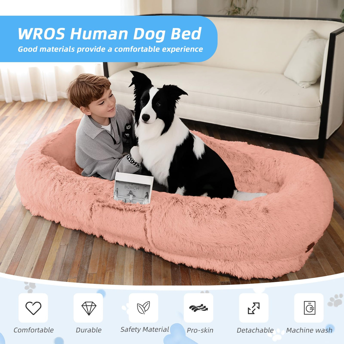 Human Dog Bed, Large Dog Beds for Humans Size Fits You and Pets, Washable Faux Fur Orthopedic Human Pet Bed for People Doze Off, Napping, Present Pillow, Blanket, Strap - Khaki