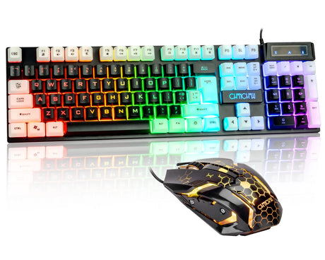 CHONCHOW LED Keyboard and Mouse, 104 Keys Rainbow Backlit Keyboard and 7 Color RGB Mouse, White Gaming Keyboard and Mouse Combo for PC Laptop Xbox PS4 Gamers and Work