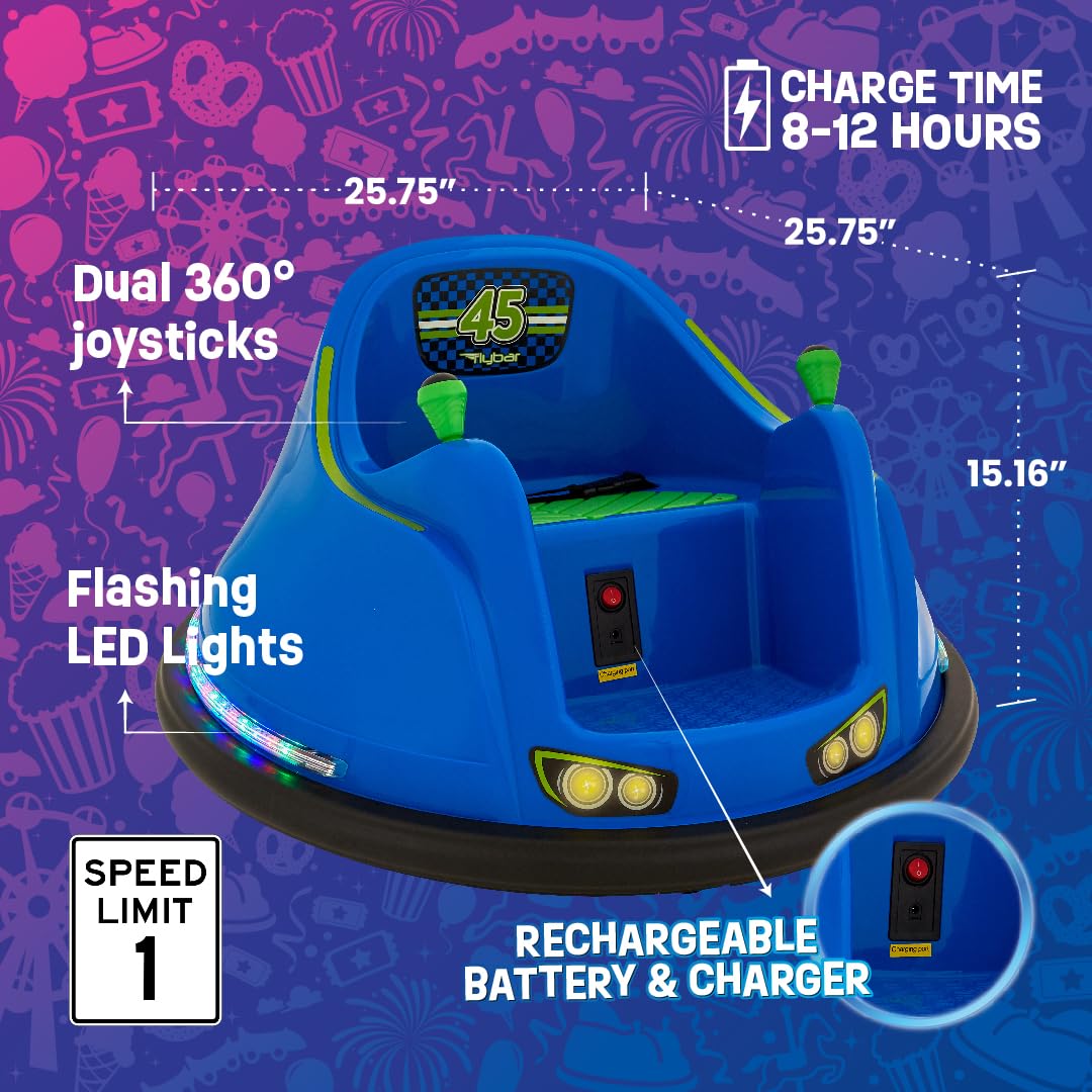 Flybar 6V Blue Glow Bumper Car for Kids – LED Ride-On Toy with 360° Spin, Rechargeable Battery, and Soft Rubber Bumpers – Safe Indoor Fun for Toddlers Ages 1.5+, Up to 66 lbs