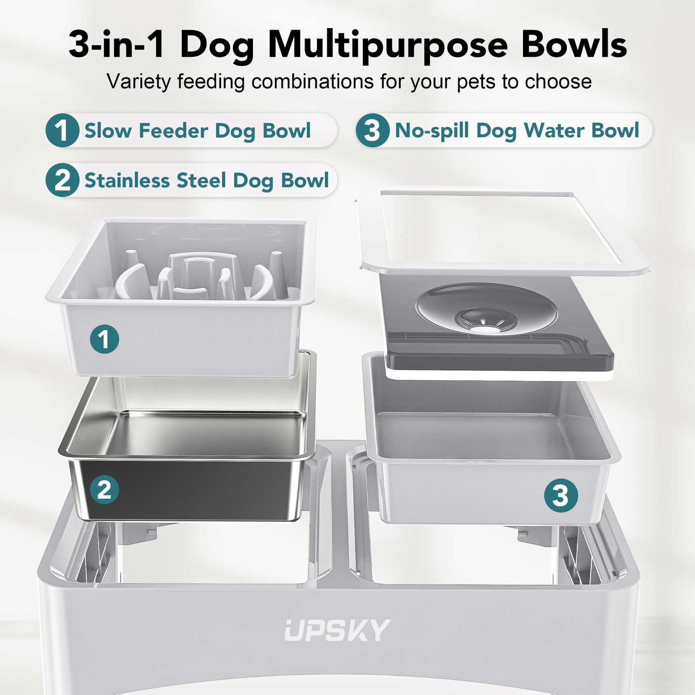 UPSKY 2-in-1 Elevated Dog Bowls Slow Feeder, 4 Height Adjustable Raised Bowls Stand, No Spill Dog Water Bowls, Anti-Slip Food and Water Bowl for Small Medium Dogs(Not Include Stainless Steel Bowl)