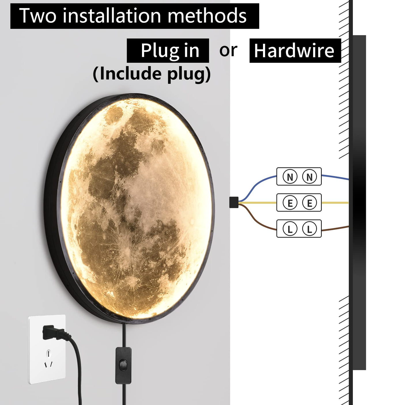 QIYIMEILUX Dimmable Moon Wall Sconce Plug in Modern LED Wall Light with Remote Control 19.7 inch 24W Black Wall Lamp Indoor Wall Mounted Lighting Ceiling Light for Living Room Bedroom（Moon）