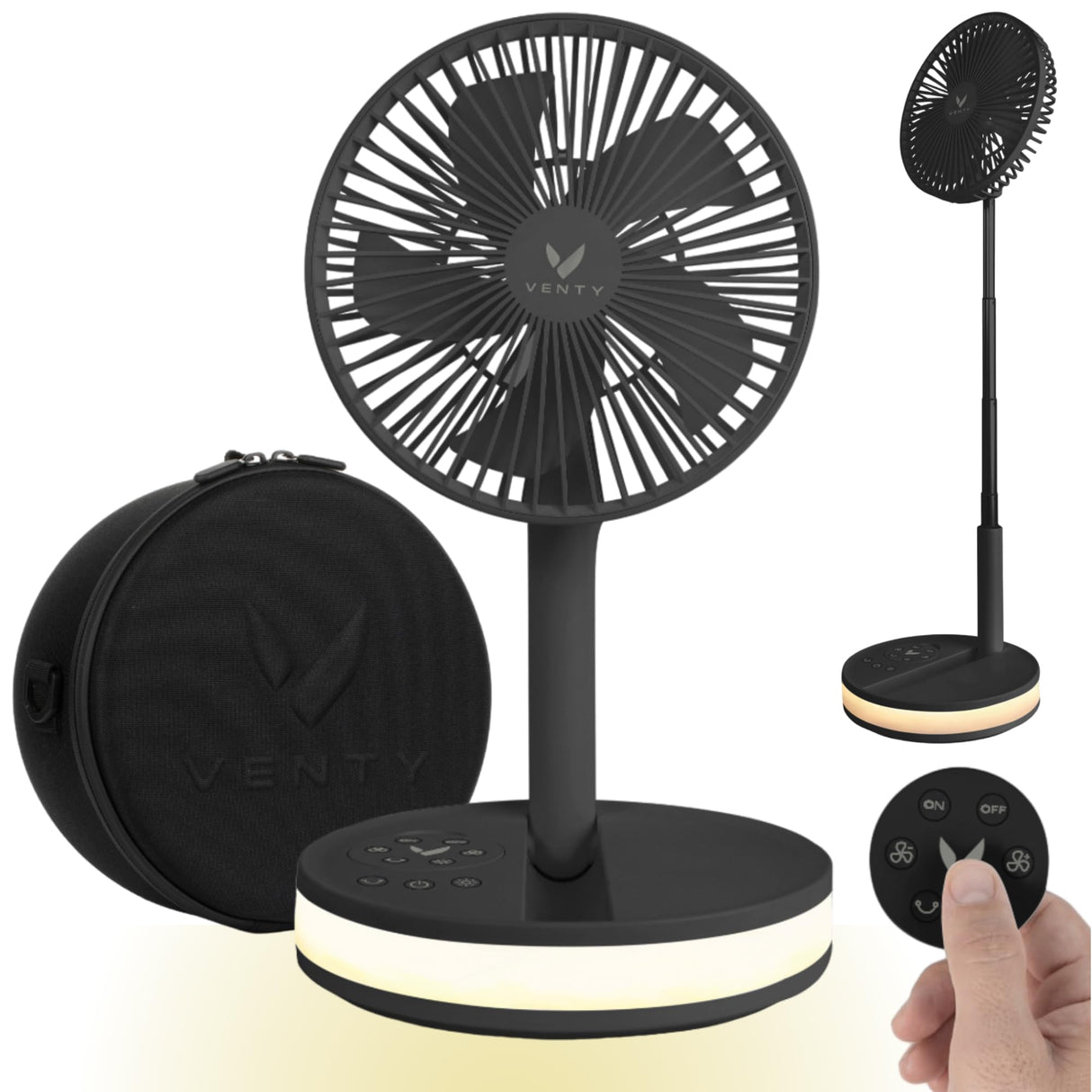 VENTY Original Portable Fan - Wireless Battery Operated Fan With 4 Speeds, LED Lighting, Carry Case & Remote Control - Premium Travel Rechargeable Fan & Power Bank With USB & USB-C Ports (Black)