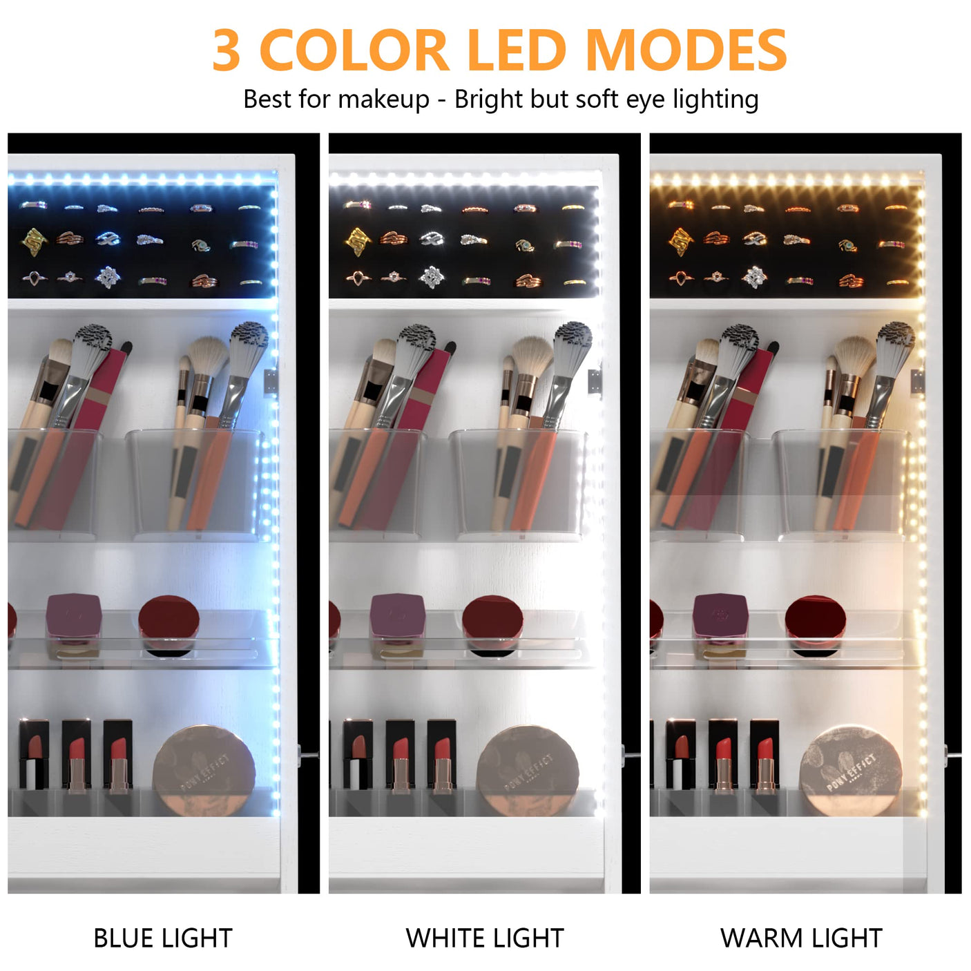 LVSOMT Wall/Door Hanging Mirror with Jewelry Storage, Lockable Jewelry Armoire Organizer with LED Lights, Mirror Jewelry Cabinet,Brown