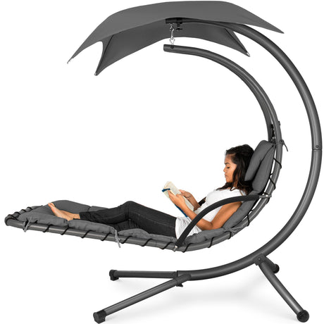 Best Choice Products Outdoor Hanging Curved Steel Chaise Lounge Chair Swing w/Built-in Pillow and Removable Canopy -Red