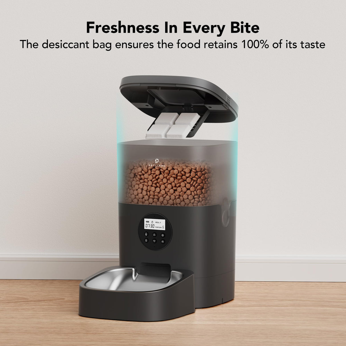 PETLIBRO Automatic Dog Feeder, 6L Dog Food Dispenser with Timer Interactive Voice Recorder, Auto Dog Feeder with Desiccant Bag 1-4 Meals Dry Food, Black Transparent