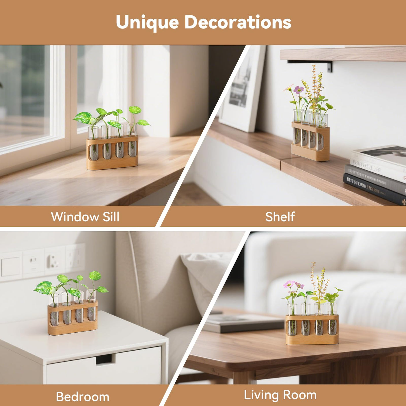 Plant Propagation Station with Wooden Stand, Gardening Gifts for Mom Women Plant Lovers, 9-Level Dimmable LED Light 4 Glass Test Tubes Vases for Hydroponic Plants - Desktop Terrarium for Desk Decor