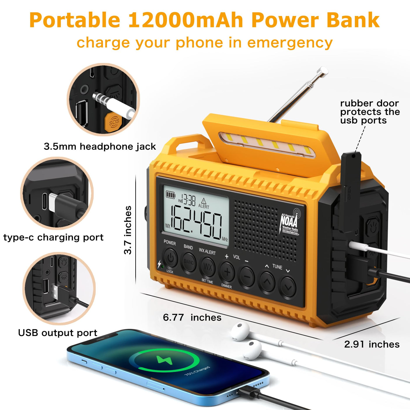 NOAA Weather Radio, Emergency Hand Crank Radio with Solar Charger, Portable Battery Operated AM FM Shortwave Radio with LED Flashlight, USB Charger, Earbud Jack, SOS Alert for Home Survival Hurricane