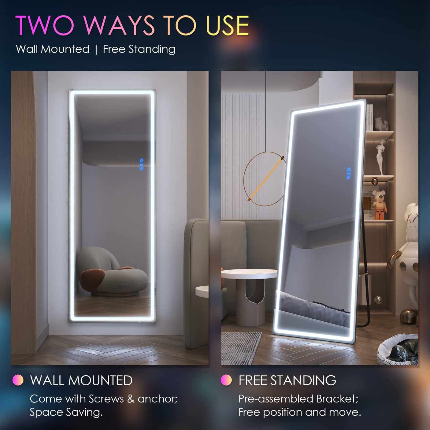LVSOMT LED RGB Full Length Mirror, Full Body Mirror with Lights, Wall Mounted Lighted Mirror, Over The Door Hanging Mirror, 14 LED Light + Dimmable Brightness + Adjustable Speed, 47" x 16"