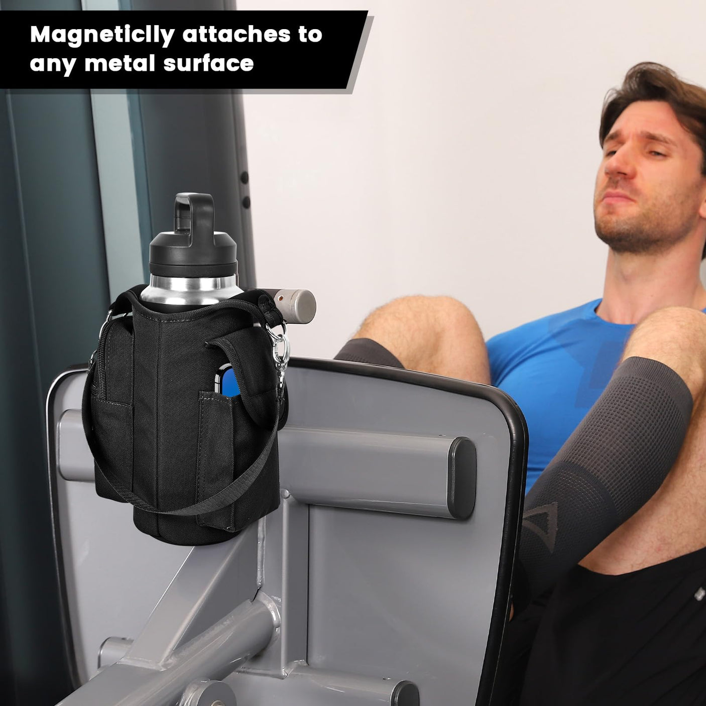 icolor Magnetic Gym Bag Water Bottle Carrier Holder with Phone Pockets & Shoulder Strap,5 Built-in Magnets Gym Bottle Pouch Sleeve,Magnetic Bag Gym Accessories Organizer for Men Women