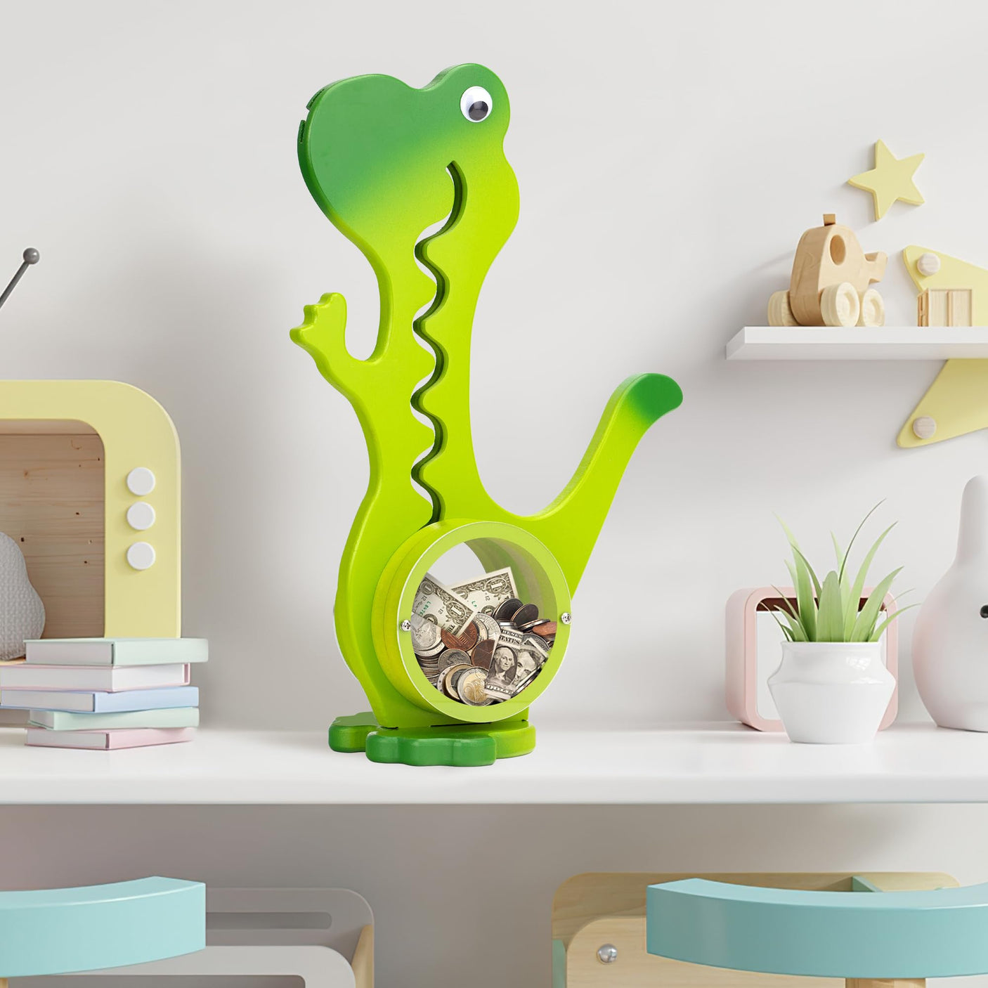Wooden Dinosaur Piggy Bank Boalord for Boys Kids Girls Clear Big Belly Animal Coin Bank for Toddler Real Money Toy（Dino-Blue）