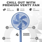 VENTY Original Portable Fan - Wireless Battery Operated Fan With 4 Speeds, LED Lighting, Carry Case & Remote Control - Premium Travel Rechargeable Fan & Power Bank With USB & USB-C Ports (Black)
