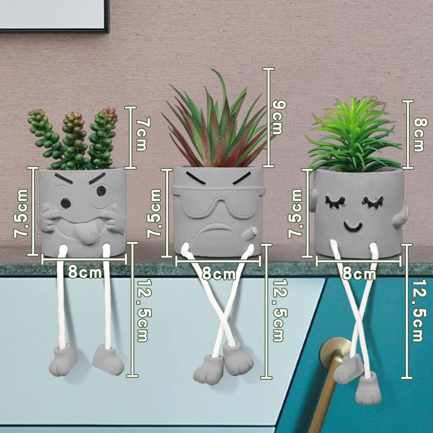 Zerzsy 3pcs Creative Artificial Succulents with Gray Flower Pots, Mini Potted Succulents for Home Office Desk Decor and Gift Choice
