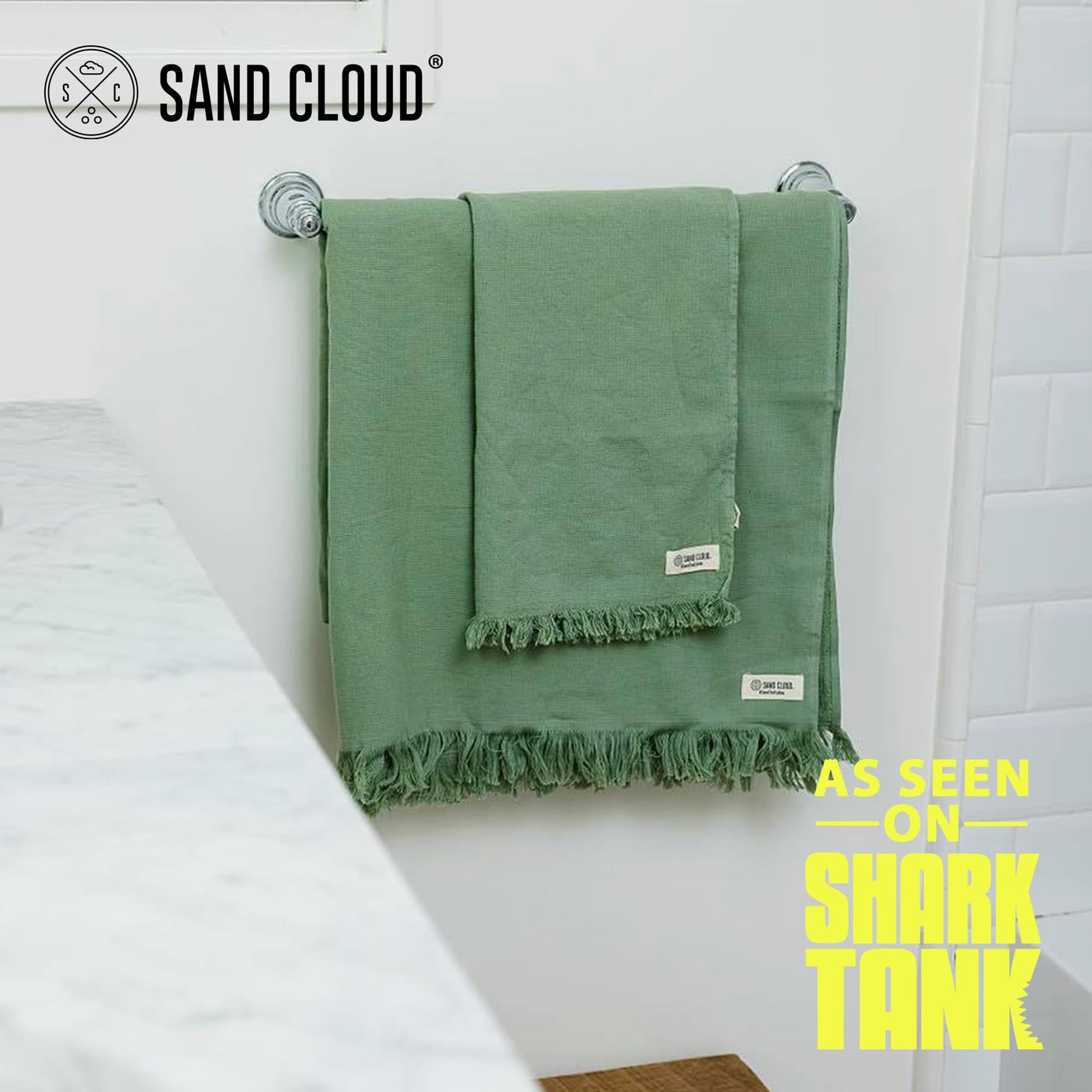 Sand Cloud Turkish Bath Towels Bundle for Bathroom, Set of 4 (Classic Green) - Large Size - 100% Certified Organic Cotton Yarn is Lightweight, Soft & Absorbent - Premium Bath Towels Dry Faster
