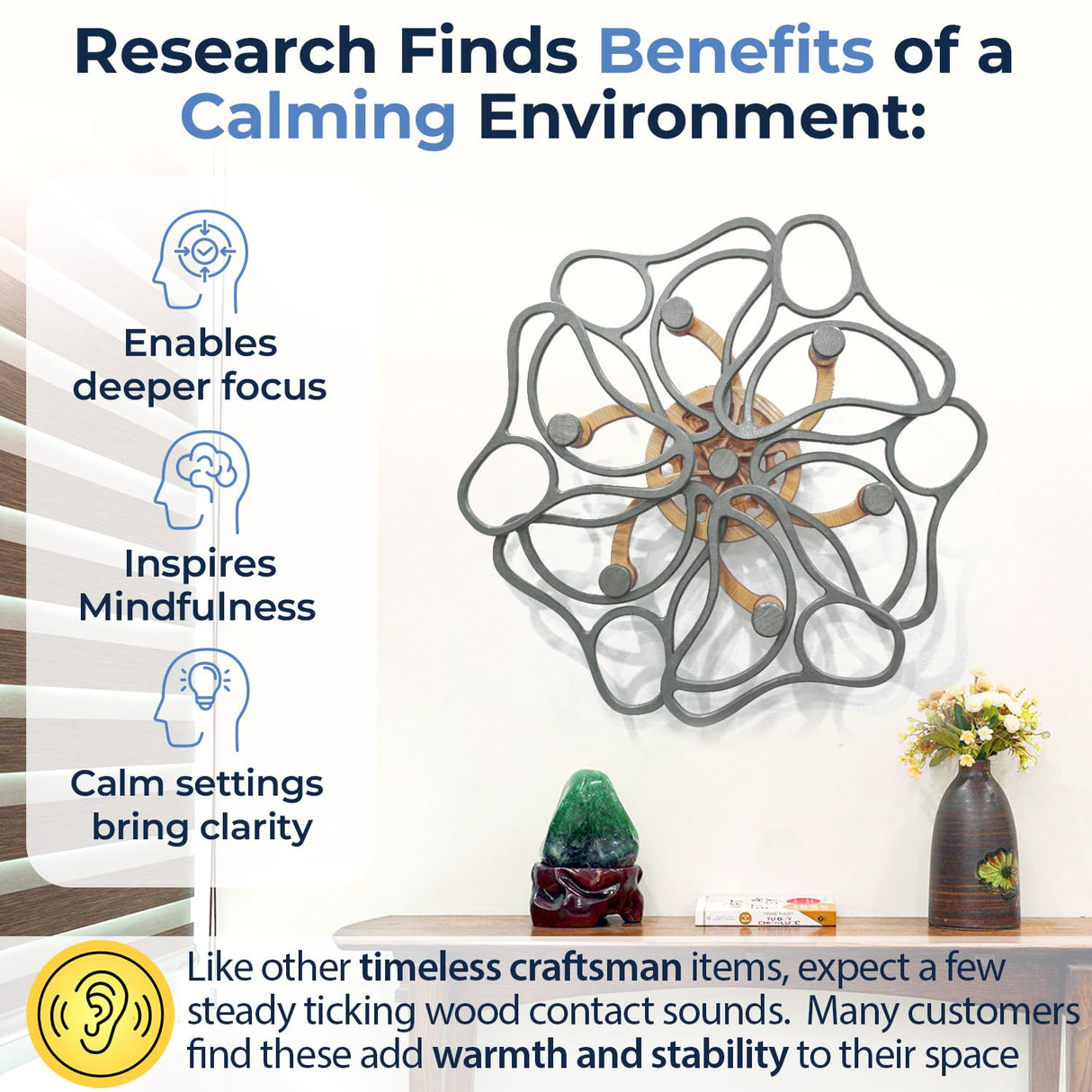 Mindsight Moving Kinetic Wall Art - Wind up to power peaceful motion (no battery) - Calming Wall Décor for Living Room, Office, Bedroom, Kitchen - Hand Crafted Wood - Ripple, Canyon Brown
