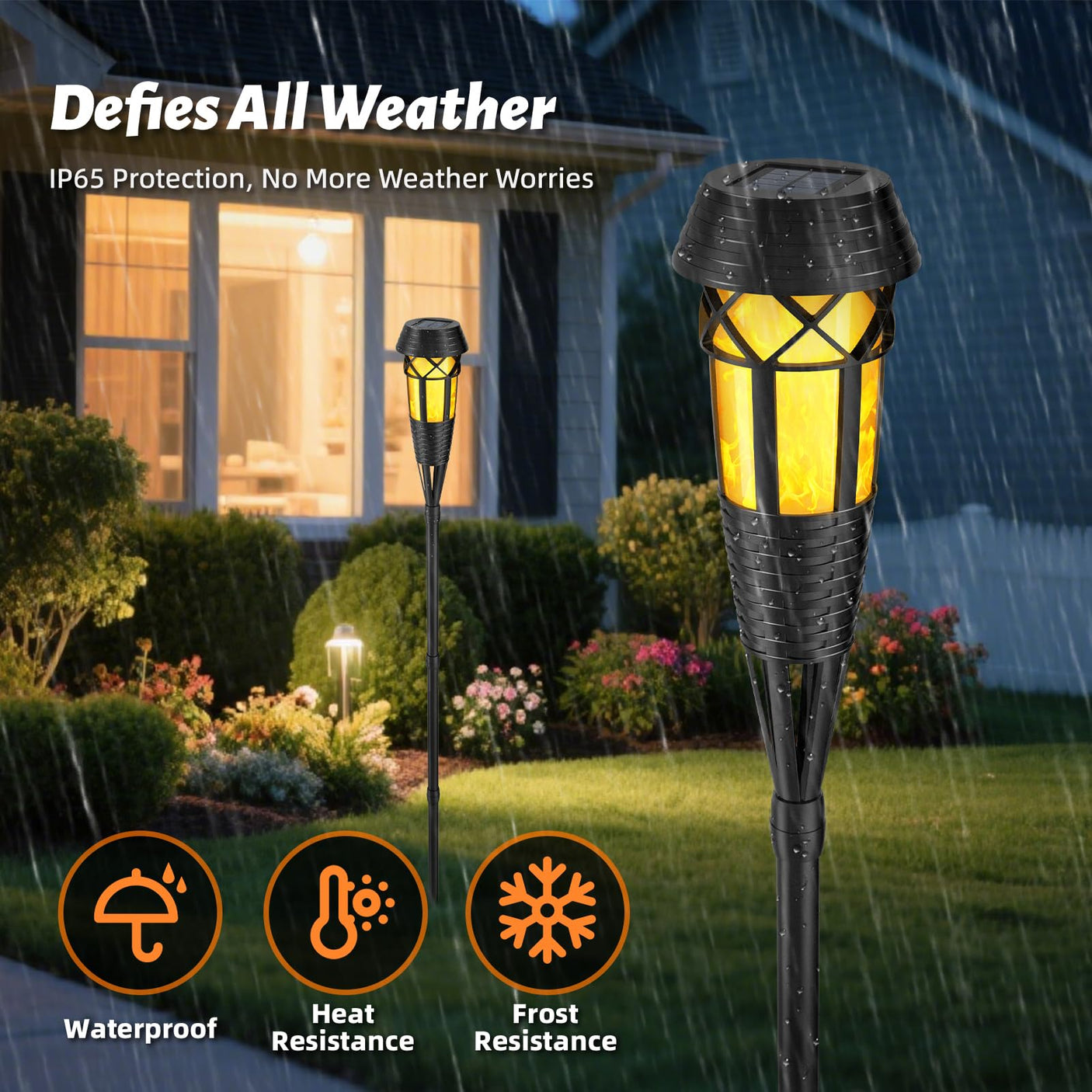 Flickering Flames Solar Powered Lights - Upgraded Solar Torches Waterproof Outdoor Decorative Lighting Auto On/Off, Handmade Bamboo Finish, 2-Pack