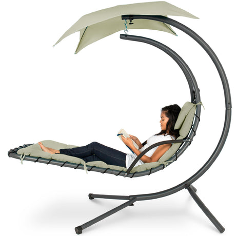 Best Choice Products Outdoor Hanging Curved Steel Chaise Lounge Chair Swing w/Built-in Pillow and Removable Canopy -Red