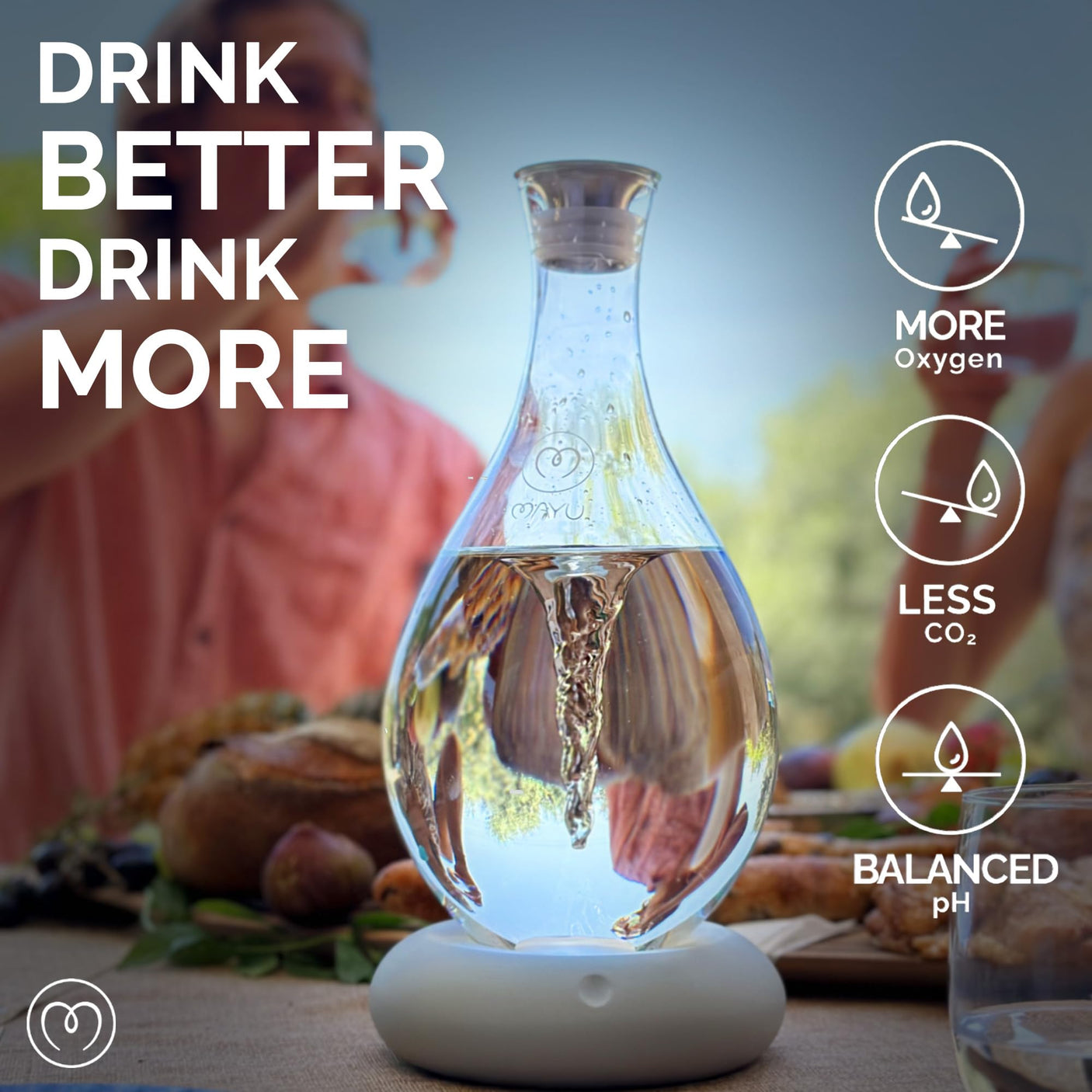 MAYU Swirl Carafe | Hand-Blown Glass – Enhances Oxygenation & Taste, Creates Structured Water w/Natural Swirl, BPA-Free Lid, Ideal as Bedside Carafe & Filter Pitcher Alternative | 51 oz (Earth Base)