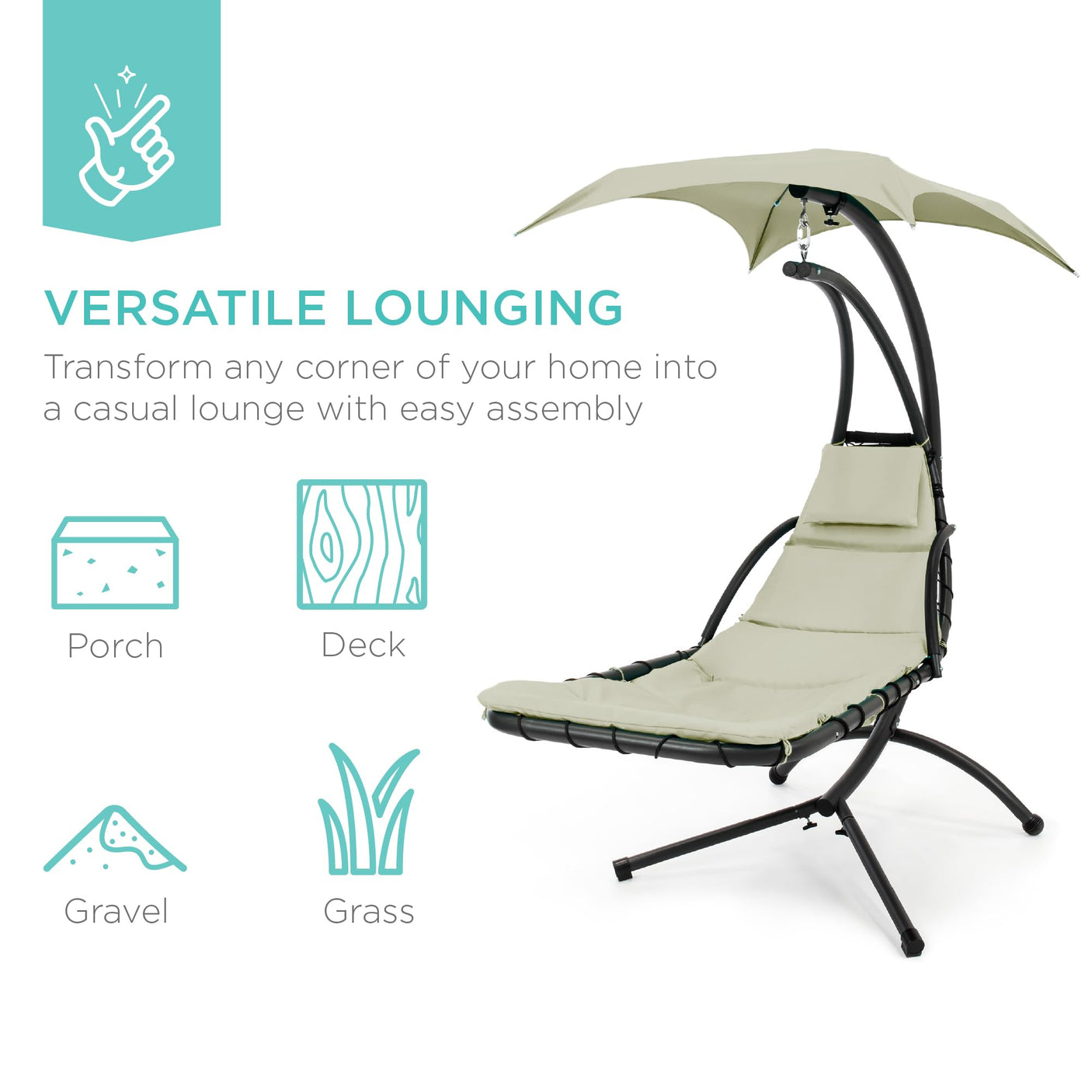 Best Choice Products Outdoor Hanging Curved Steel Chaise Lounge Chair Swing w/Built-in Pillow and Removable Canopy -Red