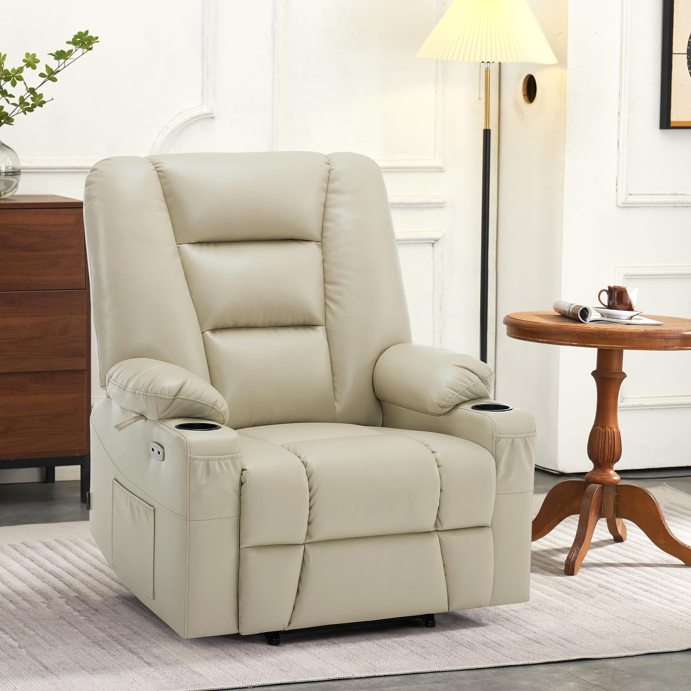 MCombo Power Lift Recliner Chair for Elderly, Lift Chair with Heat and Massage, USB Ports, Cup Holders, Faux Leather 7519 (Medium, Dark Brown)