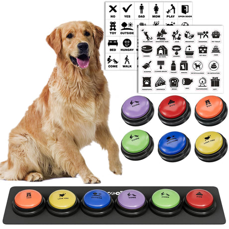 Dog Buttons for Communication, 8 Pcs Dog Talking Button Set, 30s Recordable Voice Pet Buzzer Training Buttons, Speaking Button for Dogs with Waterproof Anti-Slip Dog Button Mat and 48 Scene Stickers