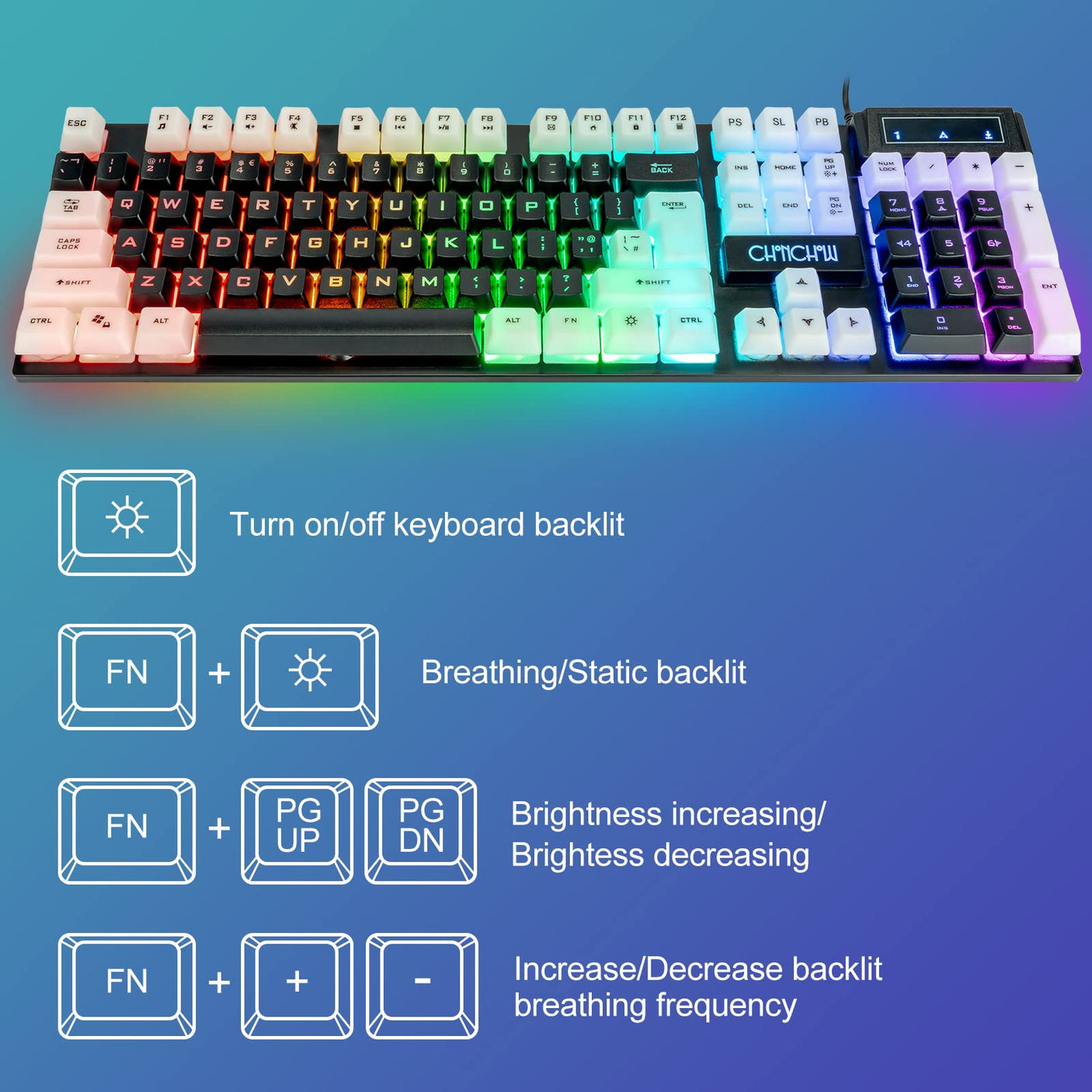 CHONCHOW LED Keyboard and Mouse, 104 Keys Rainbow Backlit Keyboard and 7 Color RGB Mouse, White Gaming Keyboard and Mouse Combo for PC Laptop Xbox PS4 Gamers and Work