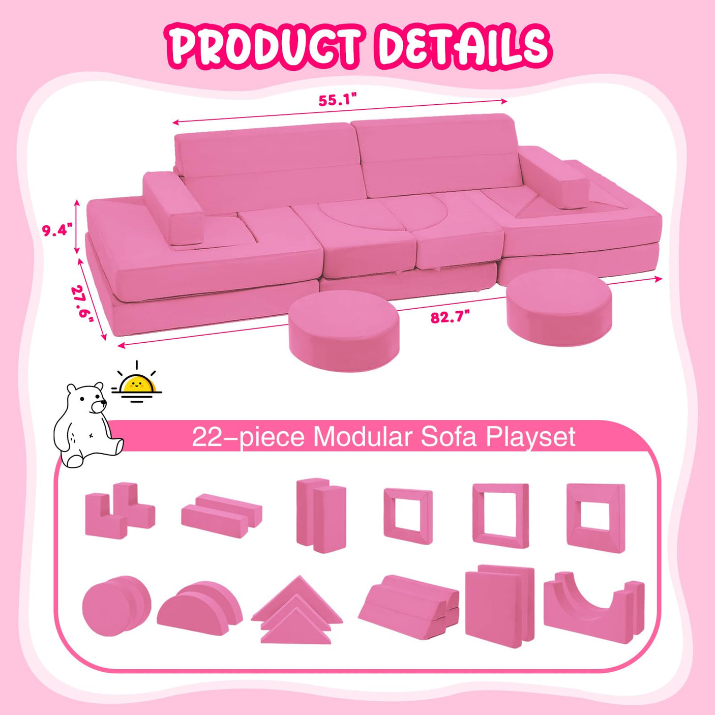 22Pcs Modular Kids Play Couch - Kids Couch for Playroom Bedroom Living Rooms Toddler Sofa for Inspiring Child Creativity，Children Convertible Foam Sofa