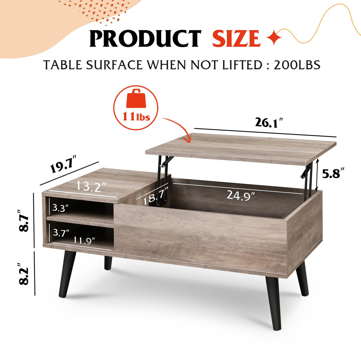 WLIVE Wood Lift Top Coffee Table with Hidden Compartment and Adjustable Storage Shelf, Lift Tabletop Dining Table for Home Living Room, Office, Rustic Oak