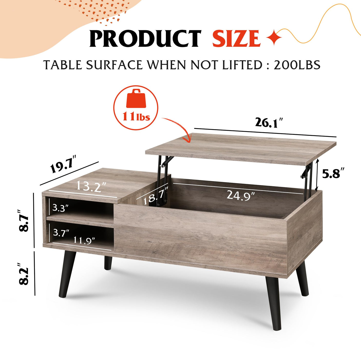 WLIVE Wood Lift Top Coffee Table with Hidden Compartment and Adjustable Storage Shelf, Lift Tabletop Dining Table for Home Living Room, Office, Rustic Oak