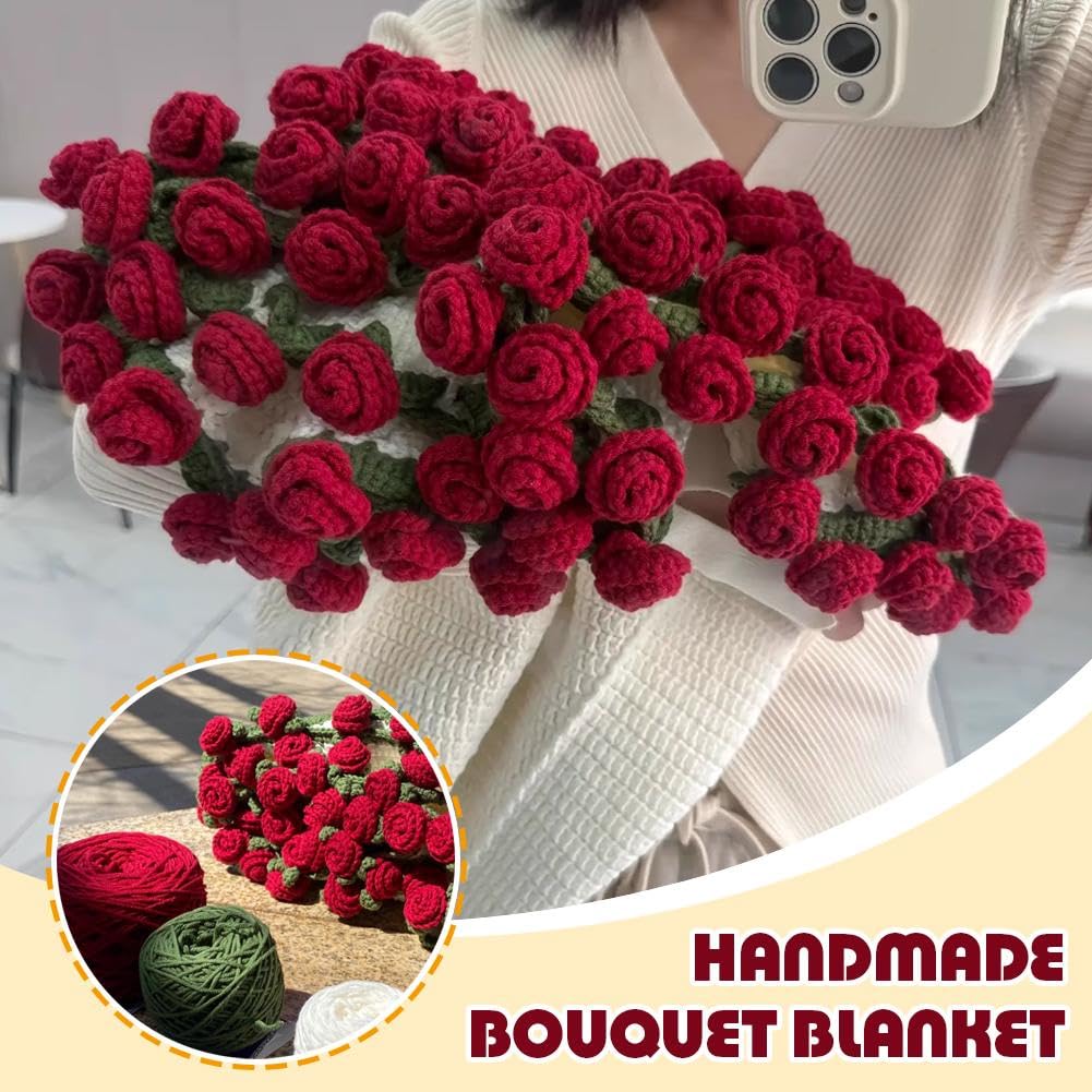 Crochet Flower Rose Bouquet Blanket Handmade – Surprise Bouquet Blanket, Romantic Knitted Rose Floral Bed Throw Blankets, Gift for Mother’s Day Birthday Home Decor (2.6ft Finished-Jasmine)