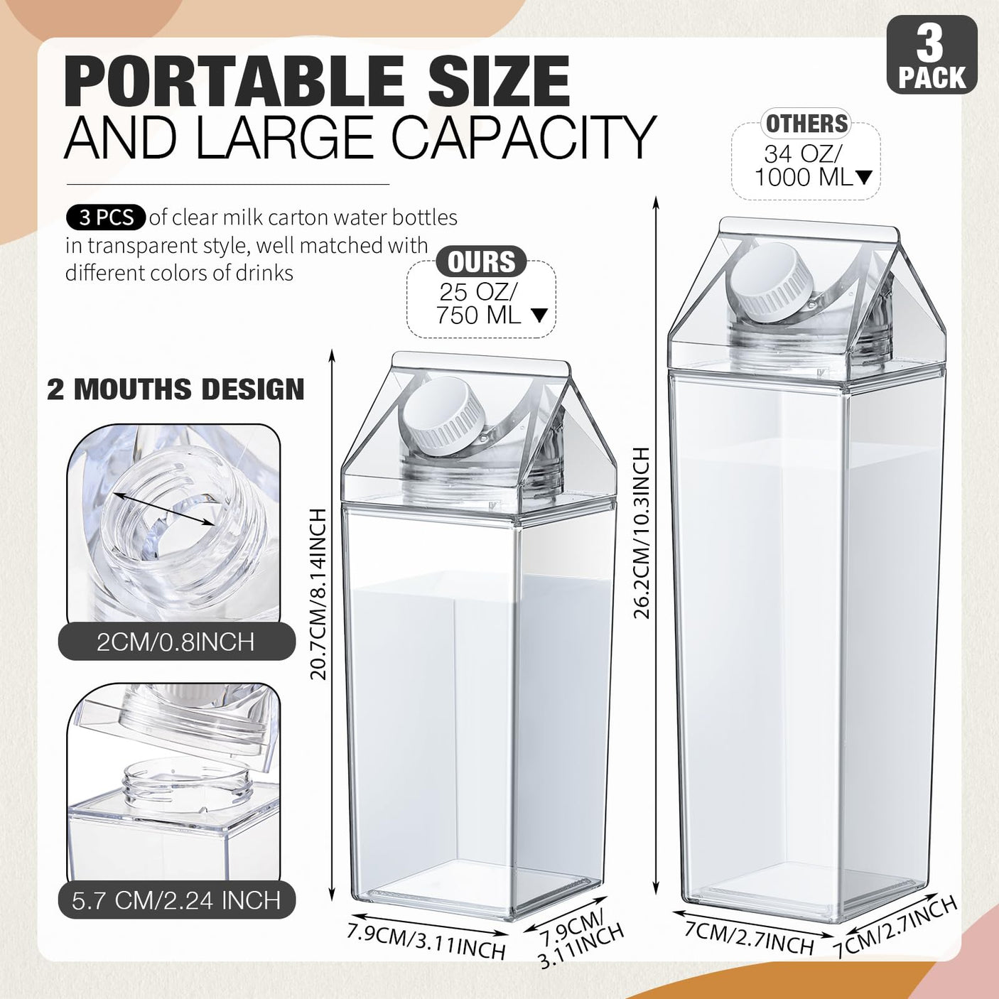 Remerry 3 Pcs Milk Carton Water Bottle Square Plastic Coffee Portable Reusable Milk Carton Cup Leakproof Juice Bottle