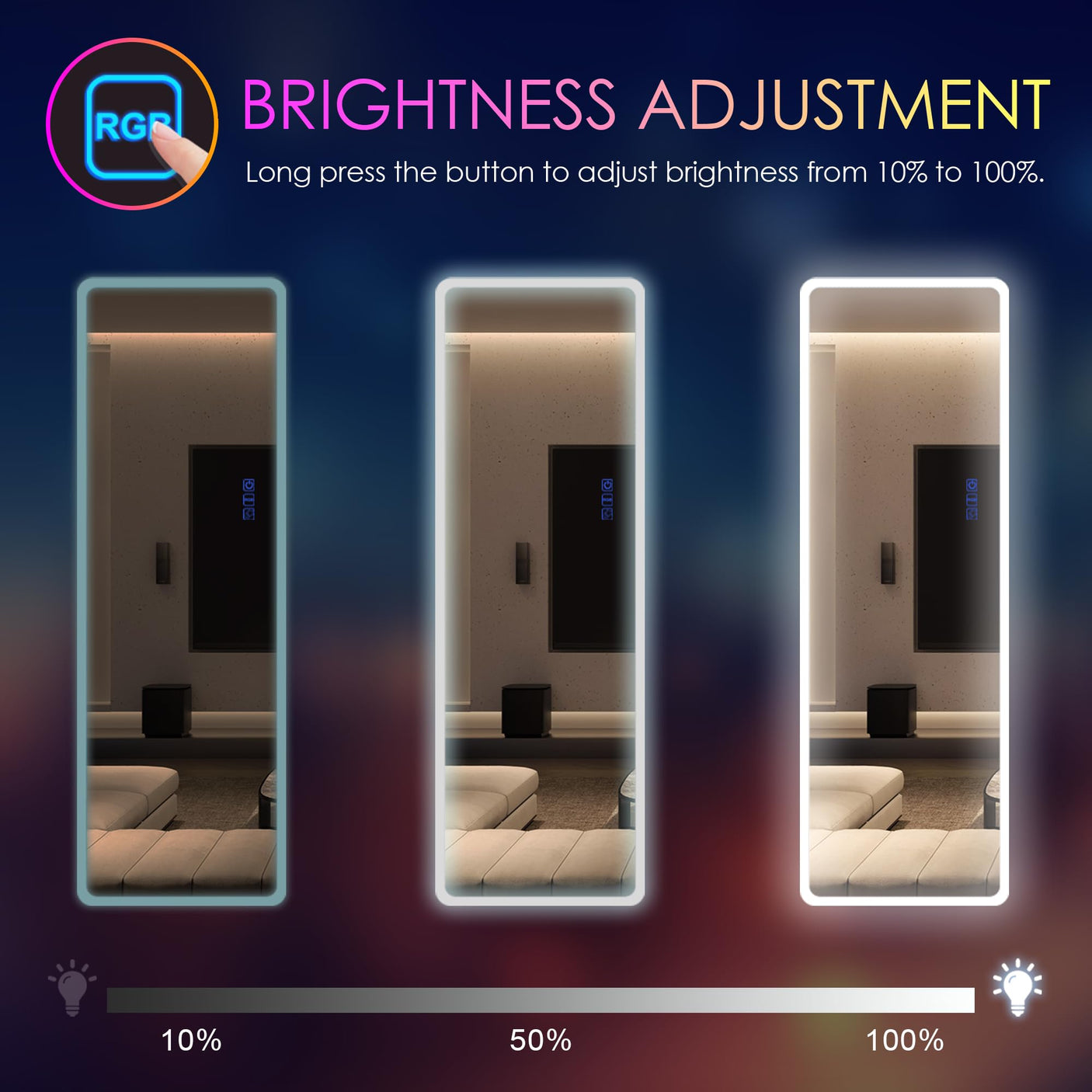 LVSOMT LED RGB Full Length Mirror, Full Body Mirror with Lights, Wall Mounted Lighted Mirror, Over The Door Hanging Mirror, 14 LED Light + Dimmable Brightness + Adjustable Speed, 47" x 16"