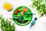 Constructive Eating Plate and Utensils Set - USA-Made Toddler Dinnerware with Divided Plates (Dinosaur)