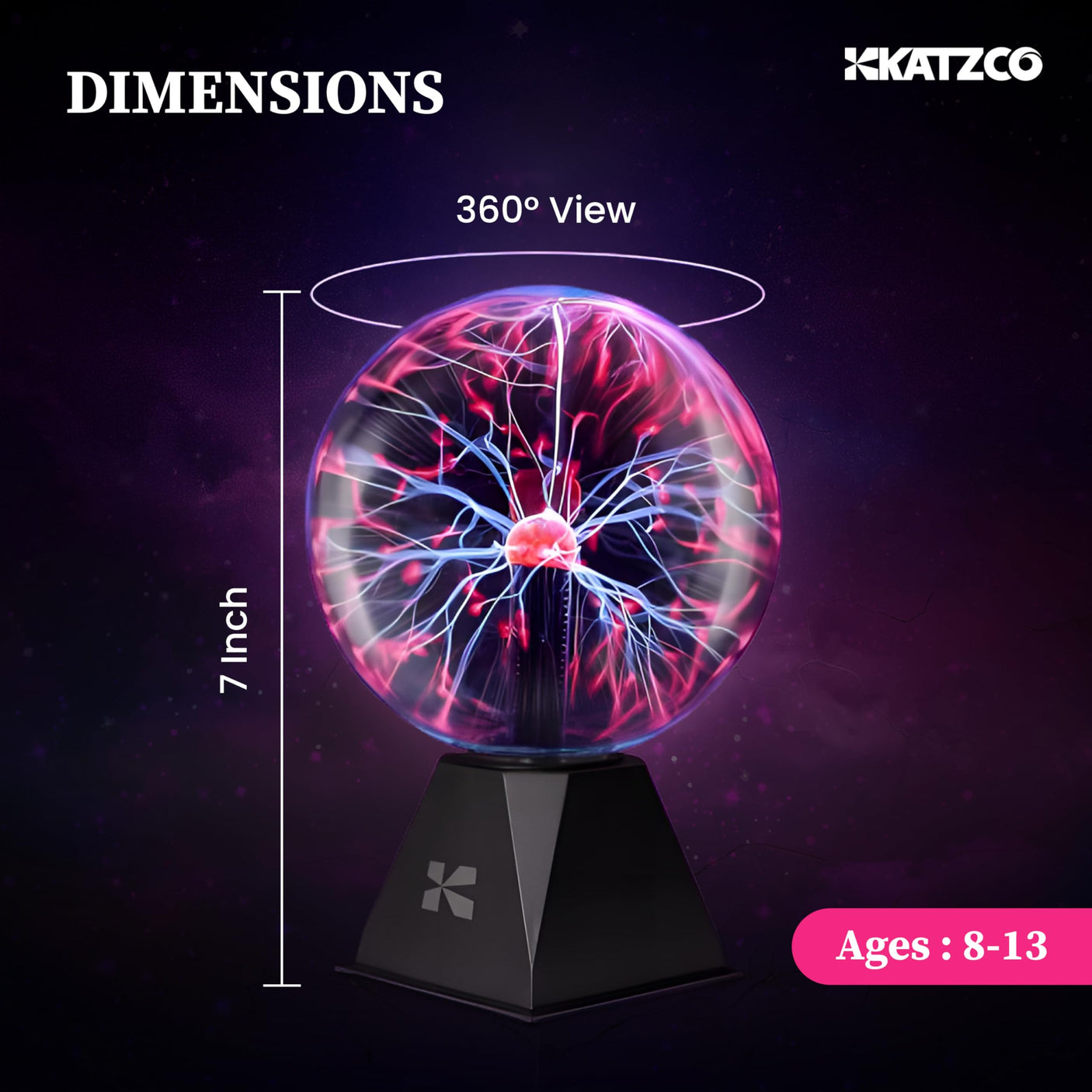 Katzco 7 Inch Plasma Ball Lamp - Touch and Sound Sensitive Electric Globe with Lightning Effects - Plug-in Energy Ball for Parties, Room Decor, and STEM Learning - Static Electricity Sphere for Kids