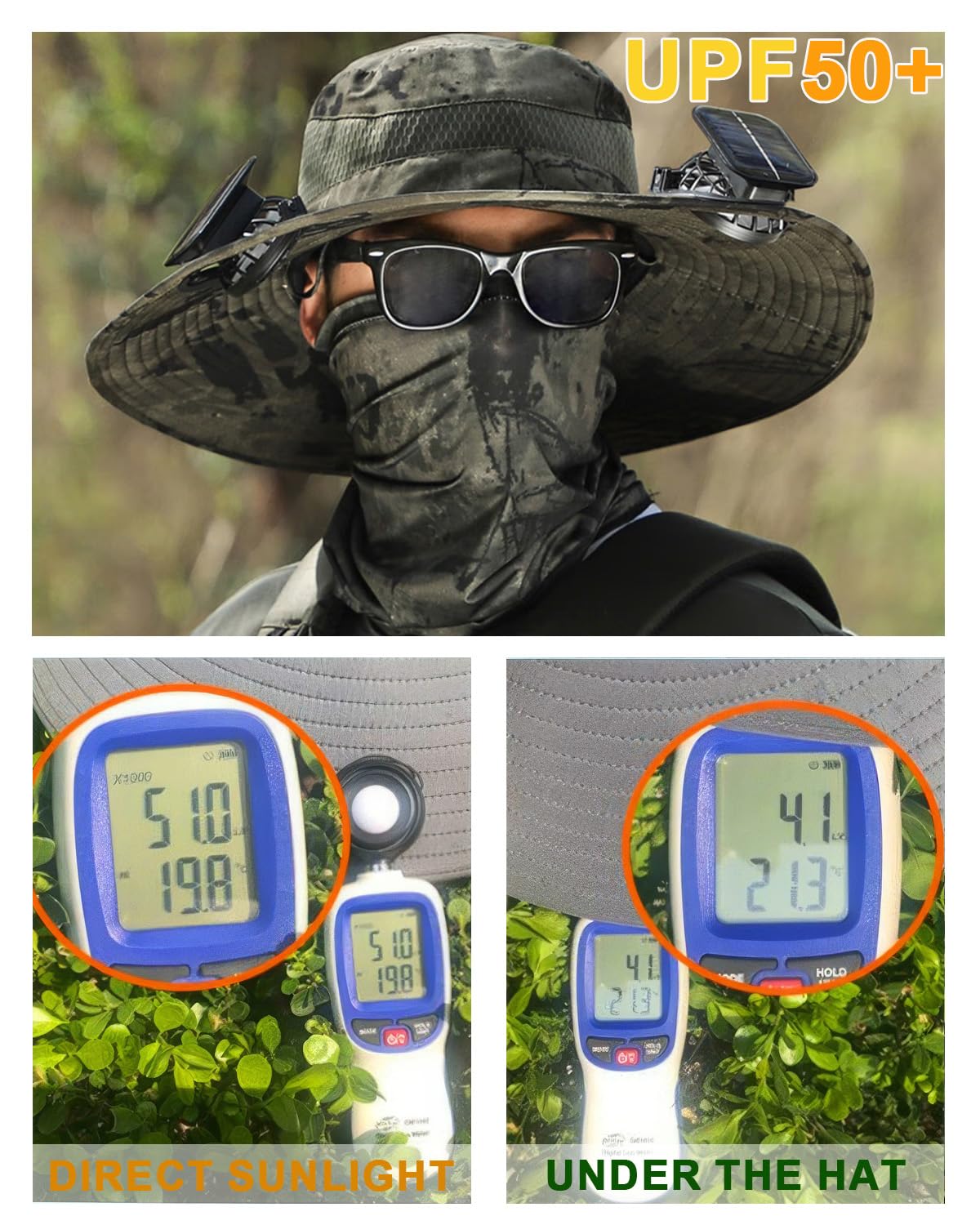 Wide Brim Solar Fan Outdoor Fishing Hat, Solar & USB Powered, Summer UV Protection Outdoor Fishing Hats UPF 50