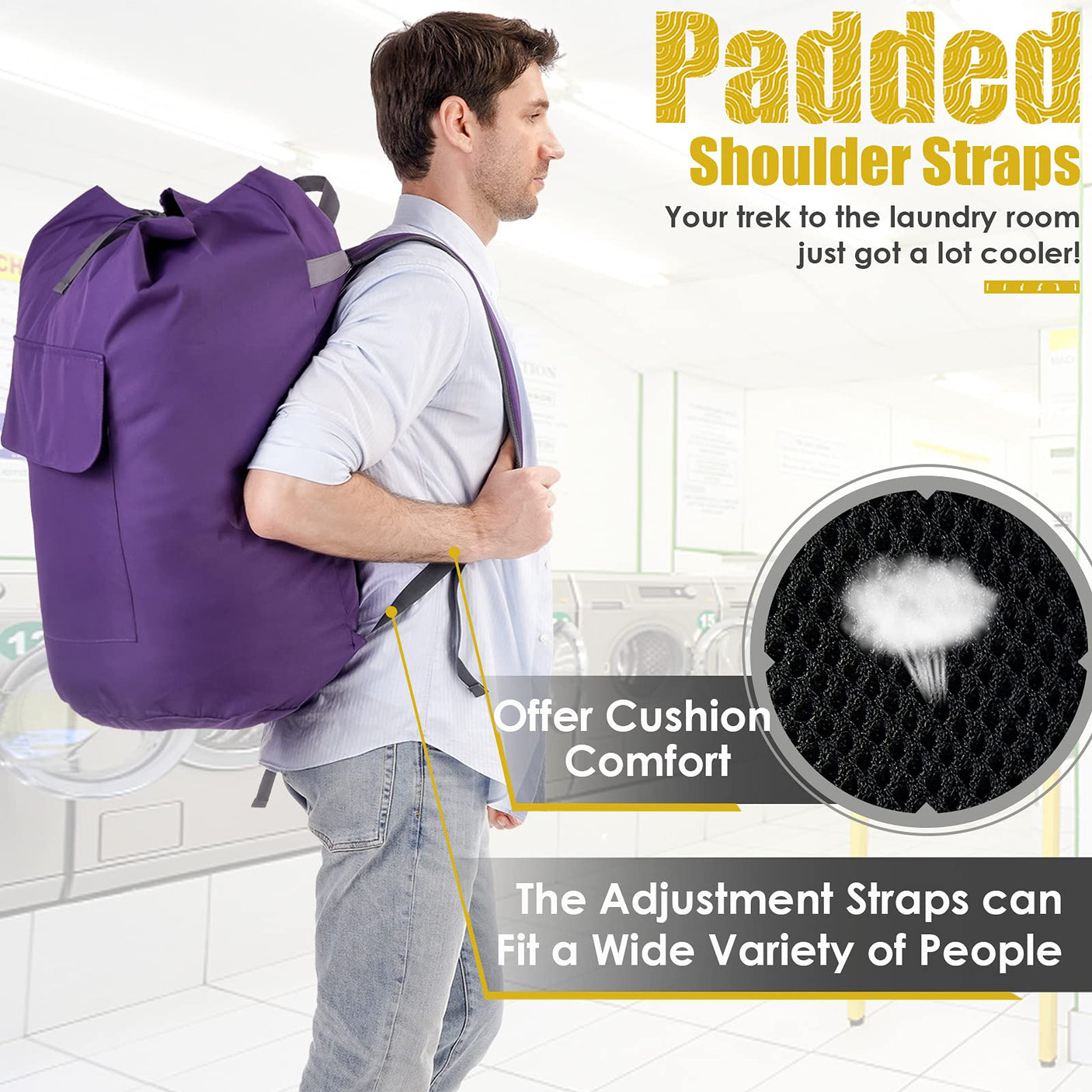 Laundry Bag Backpack Extra Large, 115L Laundry Backpack with Padded Shoulder Strap, Sturdy Travel Laundry Bags, Hanging Laundry Bag for College Dorm, Apartment, Clothes Hamper Bag for Laundromat