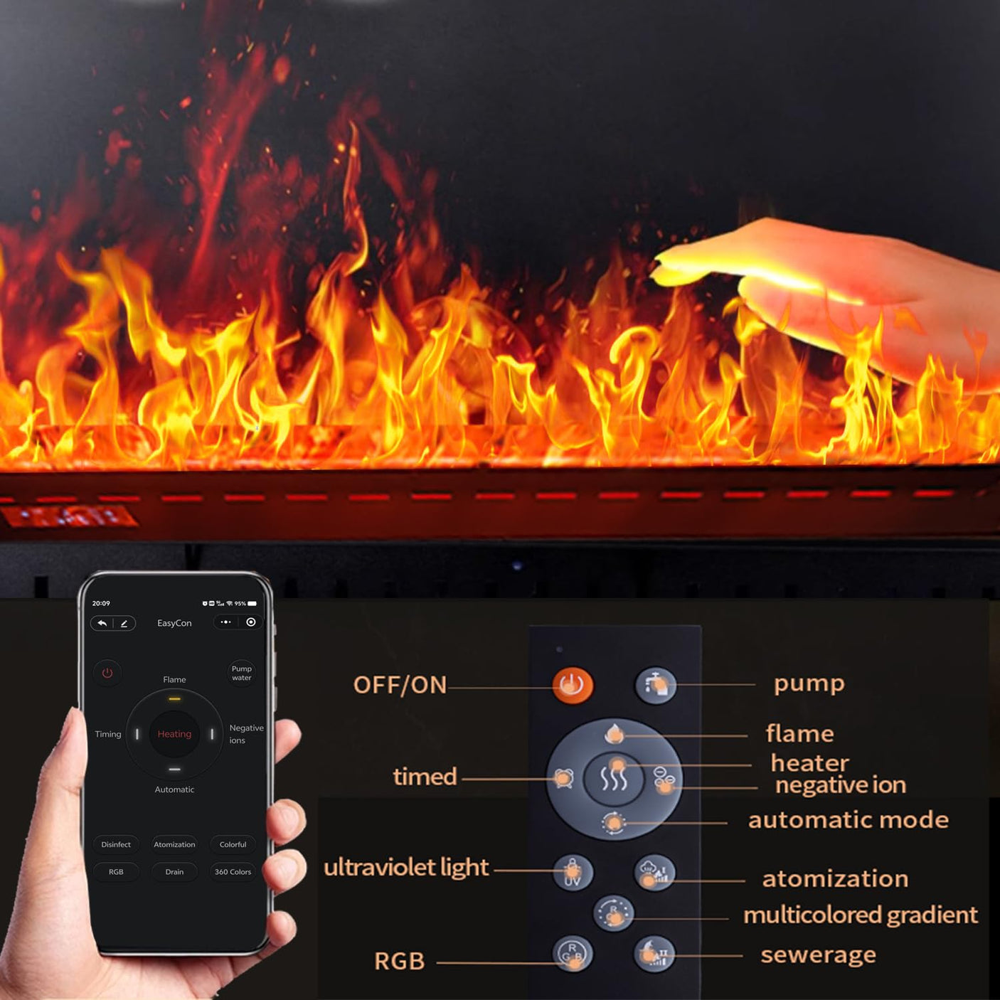 36 inch Water Vapor Fireplace 3D Atomizing Fireplace Recessed Electric Fireplace Remote Control with Timer Touch Simulation Flame Touch Flame Multiple Colors and Flame Adjustment