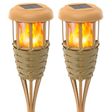 Flickering Flames Solar Powered Lights - Upgraded Solar Torches Waterproof Outdoor Decorative Lighting Auto On/Off, Handmade Bamboo Finish, 2-Pack