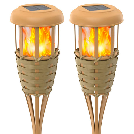 Flickering Flames Solar Powered Lights - Upgraded Solar Torches Waterproof Outdoor Decorative Lighting Auto On/Off, Handmade Bamboo Finish, 2-Pack