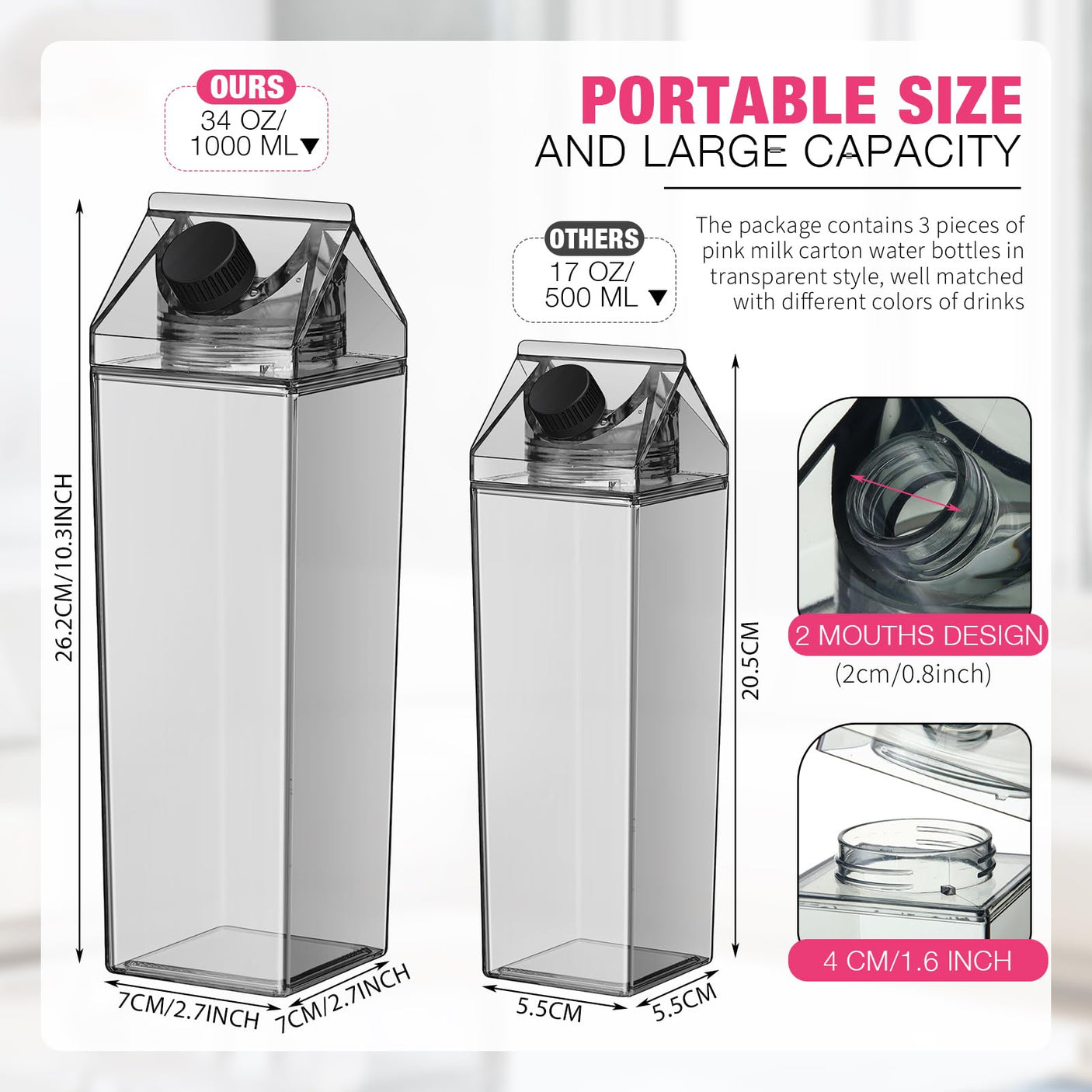 Remerry 3 Pcs Milk Carton Water Bottle Square Plastic Coffee Portable Reusable Milk Carton Cup Leakproof Juice Bottle