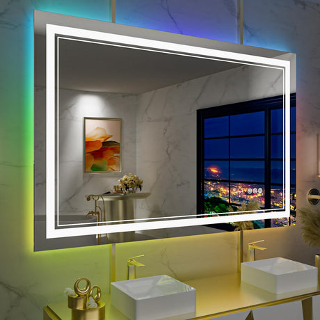 60x30 Inch LED Bathroom Mirror with Lights, Color Changing RGD Backlit and Front Light Mirror,Lighted Vanity Mirrors for Bathroom Wall, Dimmable, Anti-Fog,Shatterproof,Memory