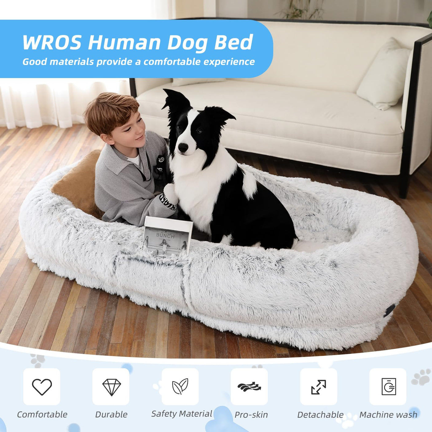 Human Dog Bed, Large Dog Beds for Humans Size Fits You and Pets, Washable Faux Fur Orthopedic Human Pet Bed for People Doze Off, Napping, Present Pillow, Blanket, Strap - Khaki
