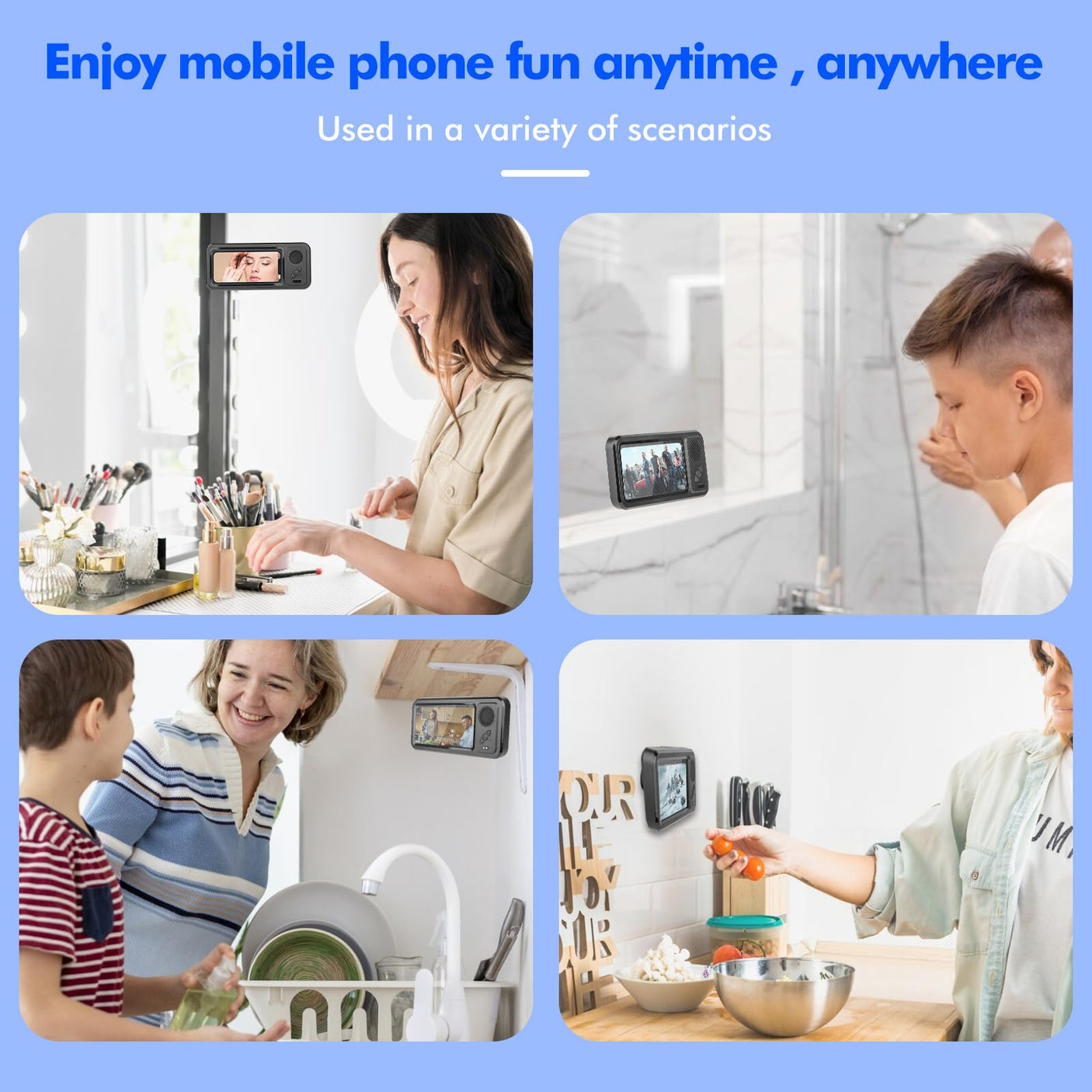 Shower Phone Holder with Wireless Bluetooth Speaker, Waterproof 480 Rotation Viewable Shower Phone Stand Case Mount Speakers for Bathroom Wall Mirro for 4"- 6.8" Cell Phones(Black)