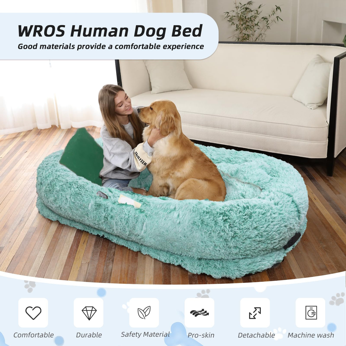 Human Dog Bed, Large Dog Beds for Humans Size Fits You and Pets, Washable Faux Fur Orthopedic Human Pet Bed for People Doze Off, Napping, Present Pillow, Blanket, Strap - Khaki